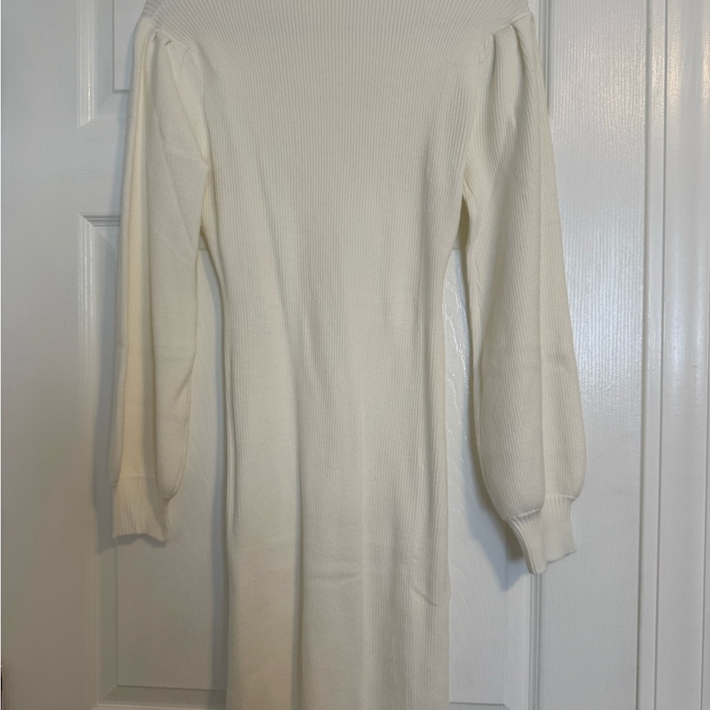 Women's Cream Ribbed Long-Sleeve Knit Dress